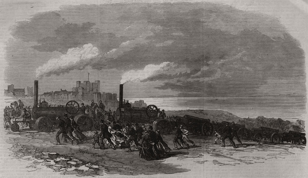 Traction engines bringing volunteer artillery into position, Dover 1869 print